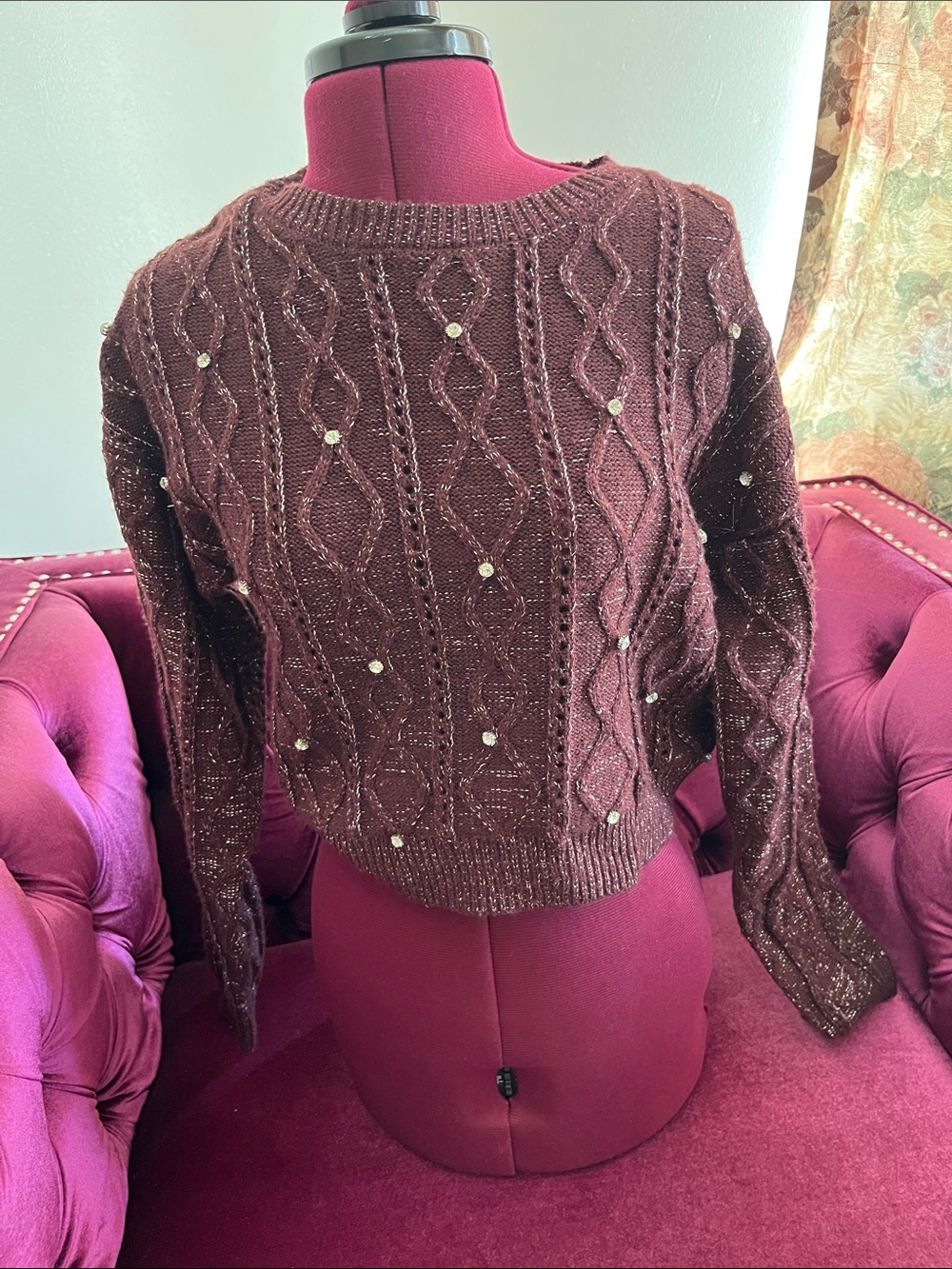 Forever 21 Burgundy Rhinestone-Trim Cable Knit Sweater Size Medium